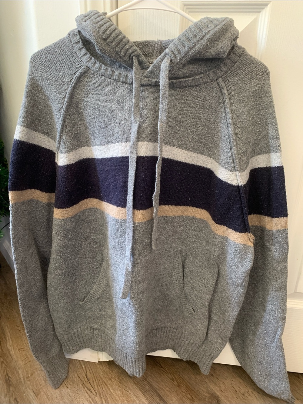 Goodfellow & Co Gray Hooded Sweater with Navy and Tan Stripes